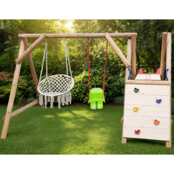 DREWNIANY PLAC ZABAW DO OGRODU WESOŁY PLACDUO DREWNO SUROWE KUBEŁEK+GNIAZDO