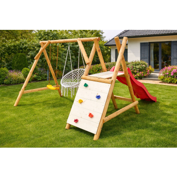 DREWNIANY PLAC ZABAW DO OGRODU WESOŁY PLACDUO DREWNO SUROWE KUBEŁEK+GNIAZDO