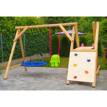 DREWNIANY PLAC ZABAW DO OGRODU DUO HUŚTAWKA KUBEŁEK DREWNO SUROWE PRODUCENT