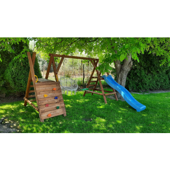DREWNIANY PLAC ZABAW DO OGRODU MINI JUMBO 2HUŚTAWKI 1X KUBEŁEK 1XGNIAZDO