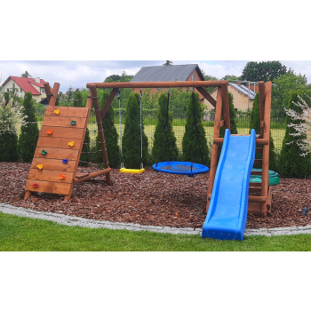 DREWNIANY PLAC ZABAW DO OGRODU WESOŁY PLACJUMBO KUBEŁEK GNIAZDO 2XHUŚTAWKA